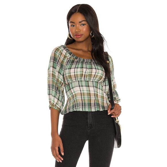 FREE PEOPLE Teagan Blouse With Volume Sleeve In Plaid-Blues Sz Medium - Picture 2 of 7